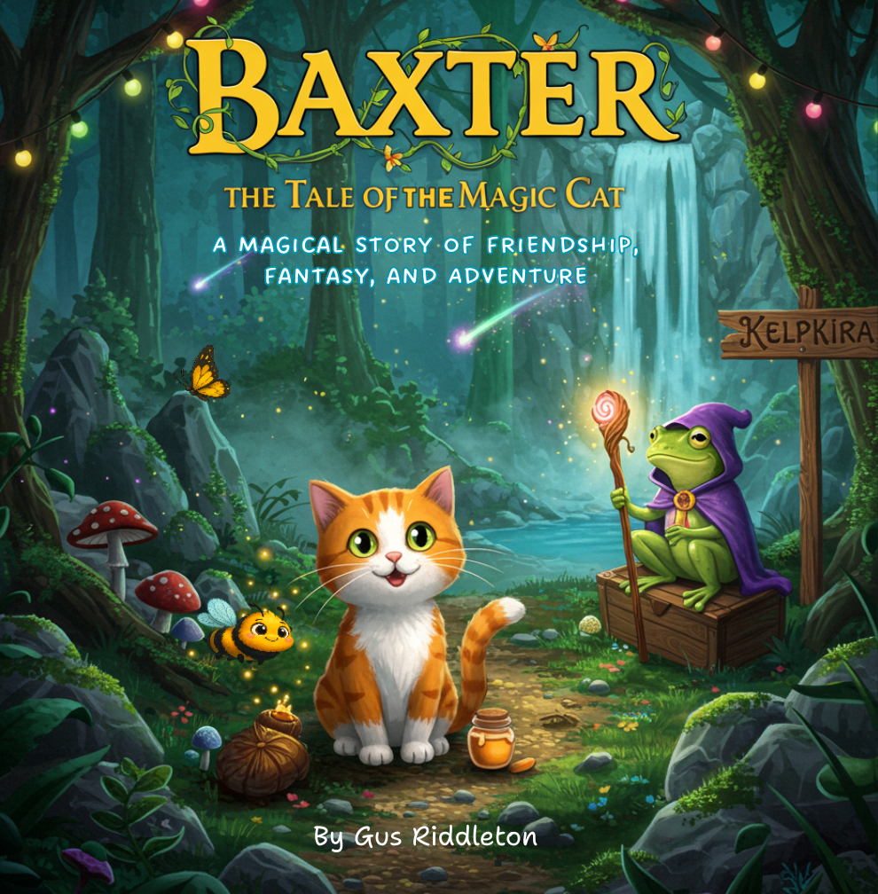 Front cover of the children's book, 'Baxter the Tale of the Magic Cat'
